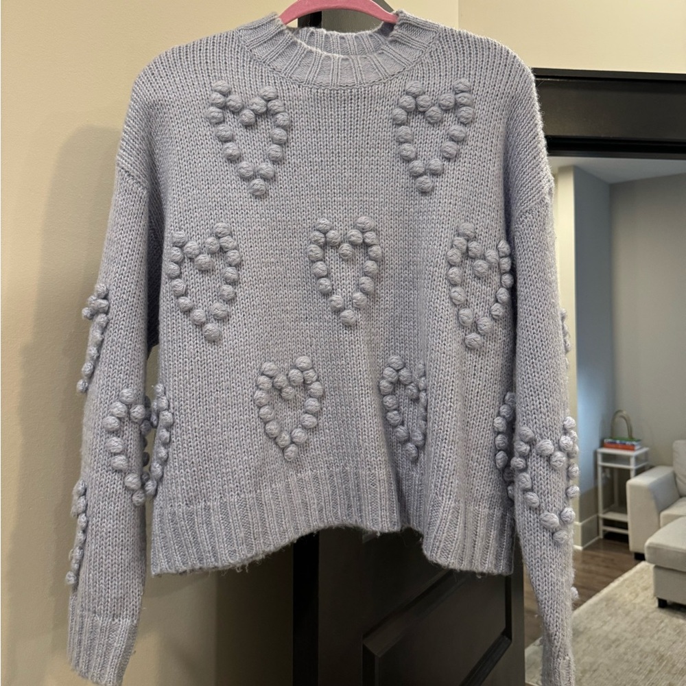 Heart Patterned Baby Blue Sweater